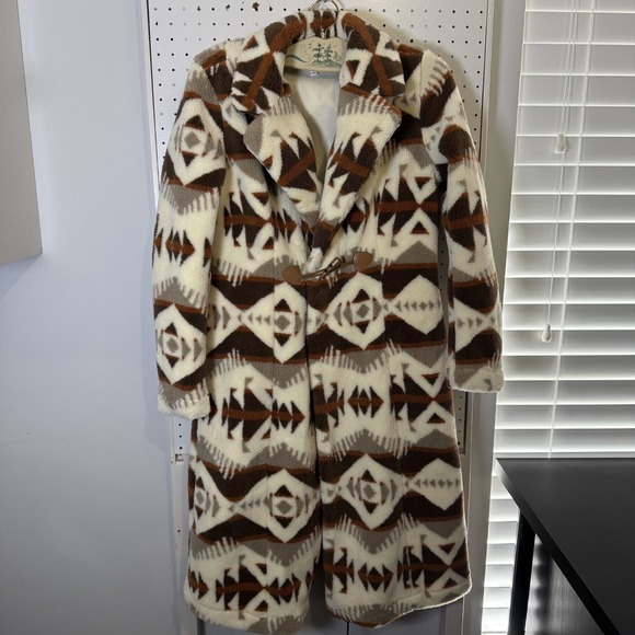 Shyanne Jackets & Blazers - Shyanne Long Sherpa Coat Women's Medium Cream Southwestern Print Notch Lapel NWT